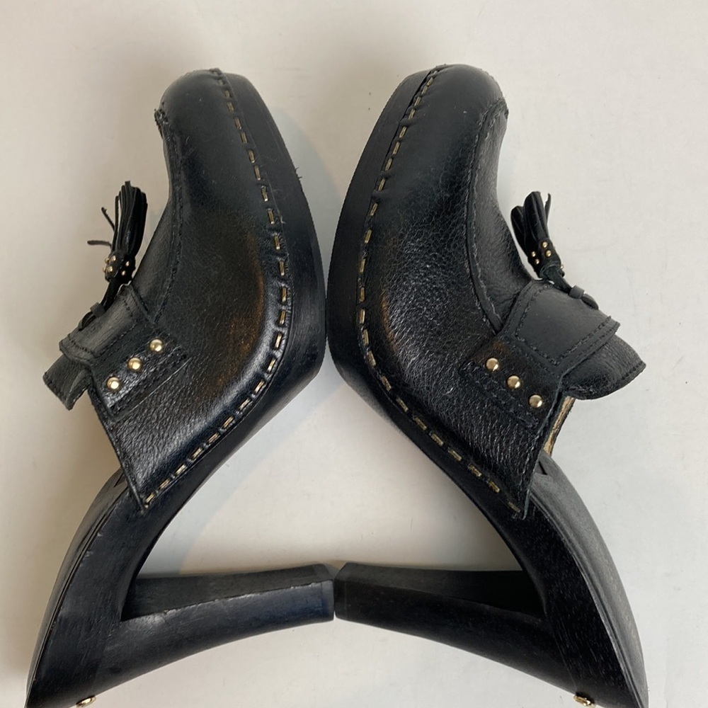 Michael Kors Pebbled Leather Wood Heeled Black Clog Tassel 7.5 Menswear Inspired - Picture 15 of 16